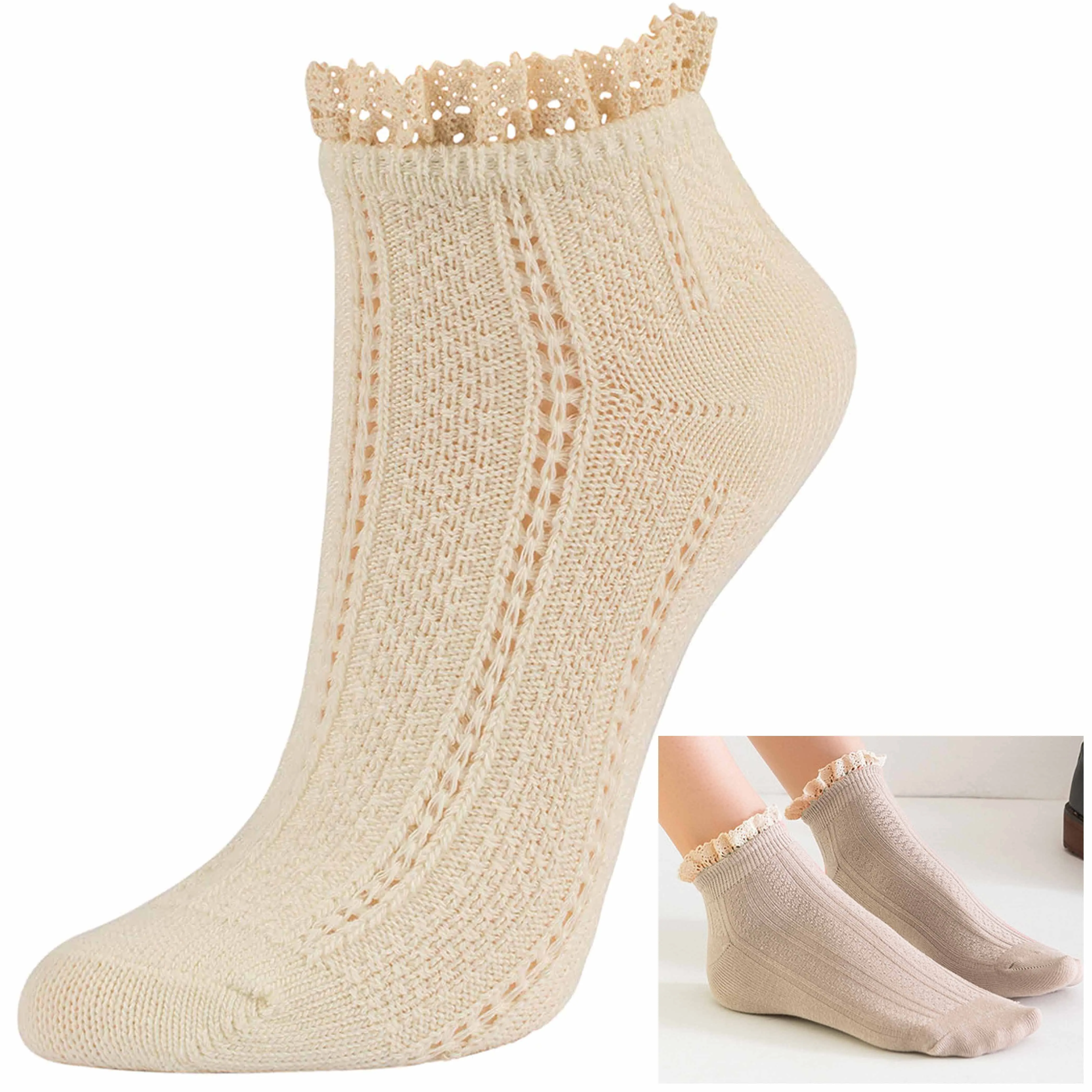 4 Pair Women Ankle Socks Fancy Retro Lace Ruffle Short Frilly Princess Crew 9-11