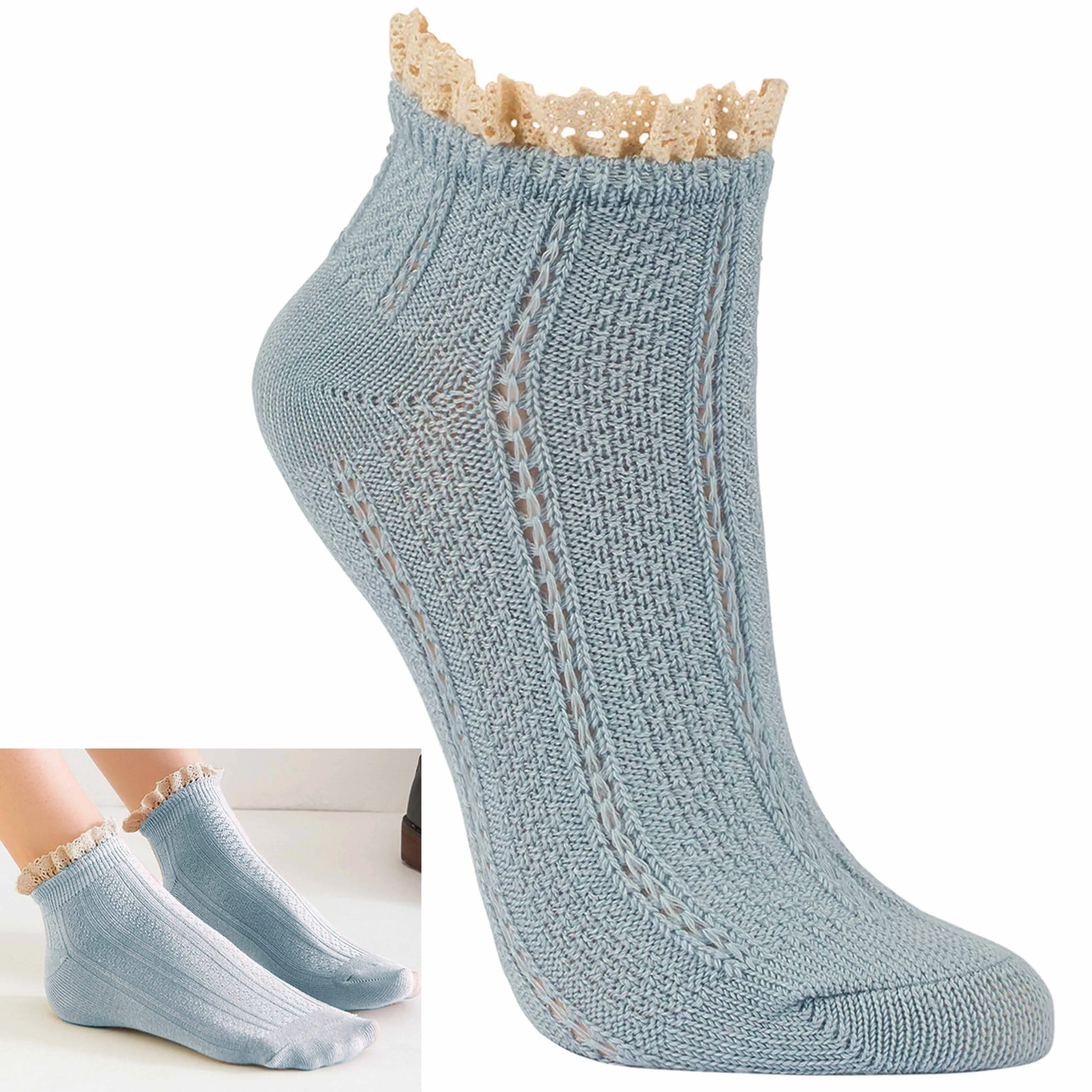 4 Pair Women Ankle Socks Lace Ruffle Fancy Retro Frilly Princess Crew Blue 9-11