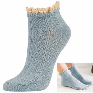 4 Pair Women Ankle Socks Lace Ruffle Fancy Retro Frilly Princess Crew Blue 9-11