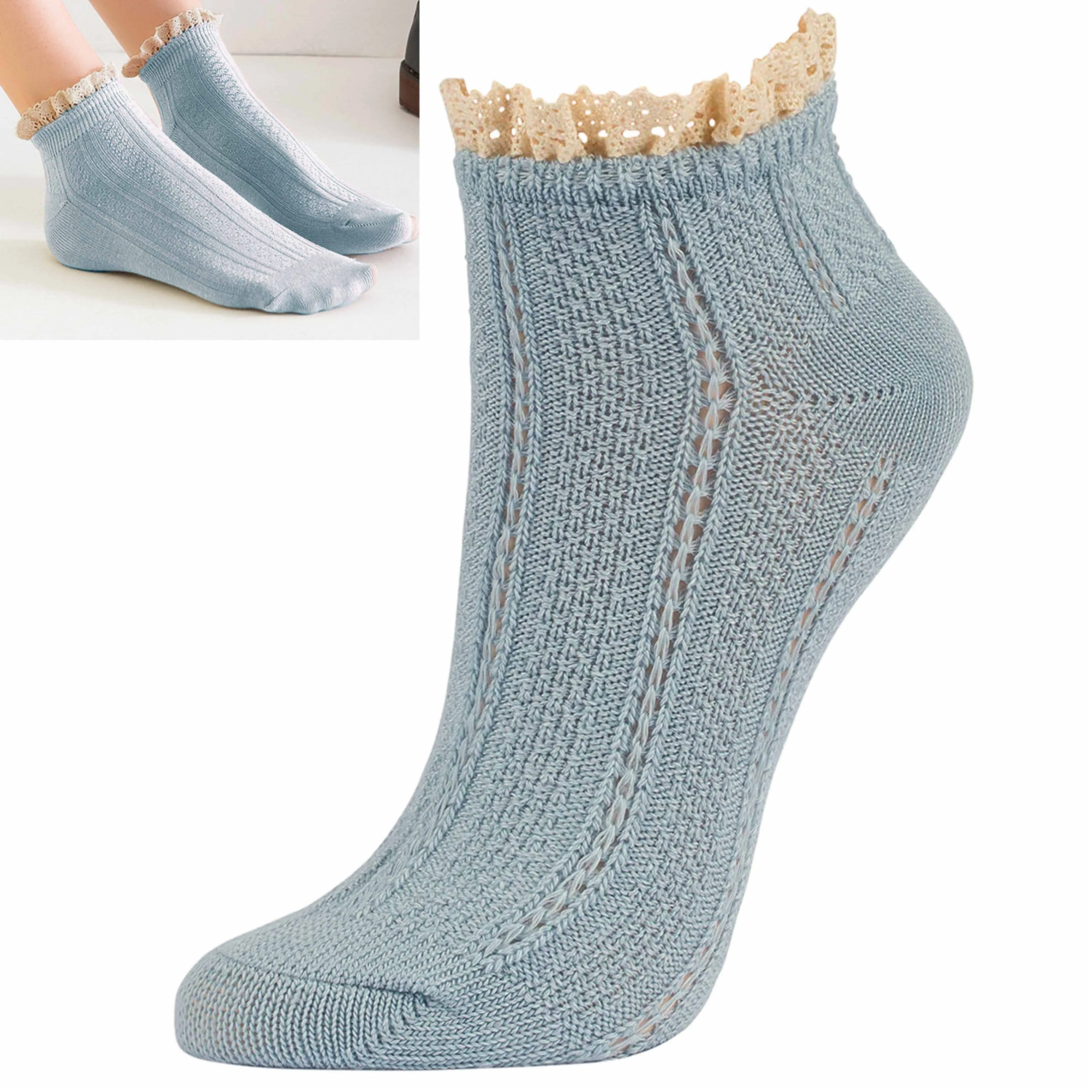 4 Pair Women Ankle Socks Lace Ruffle Fancy Retro Frilly Princess Crew Blue 9-11