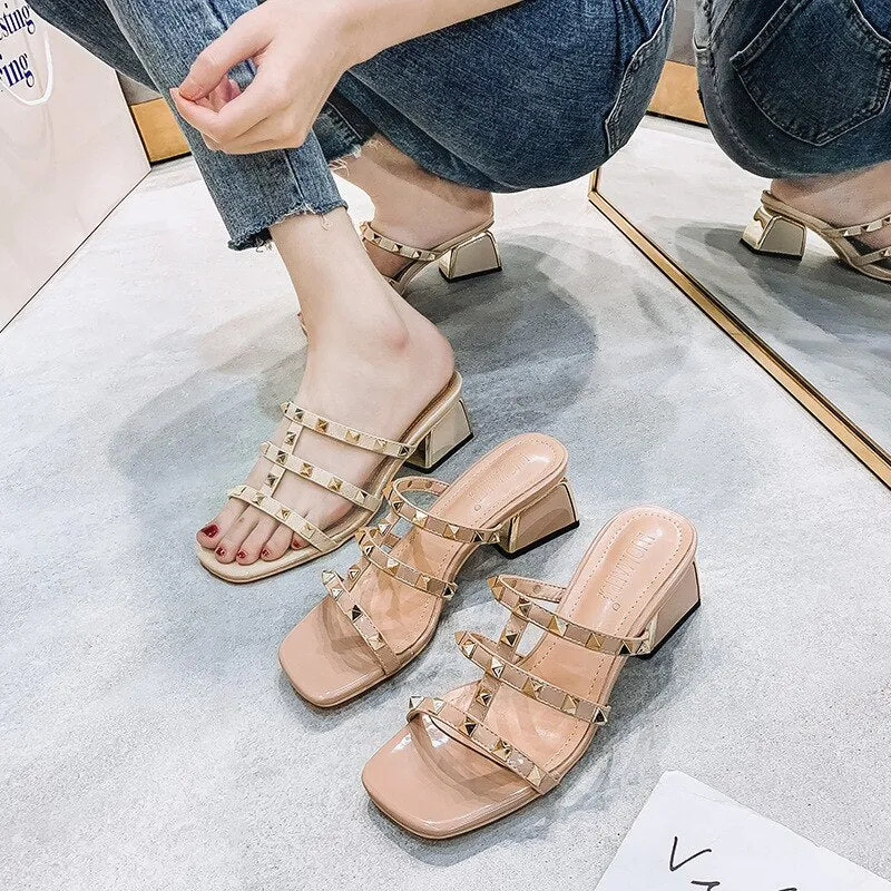 Amozae- Women's Shoes 2024 Summer Sandals Female Fairy Style Metallic Middle Heel Fashion Single Shoes With Square Heel And Rivets