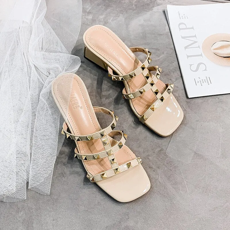 Amozae- Women's Shoes 2024 Summer Sandals Female Fairy Style Metallic Middle Heel Fashion Single Shoes With Square Heel And Rivets