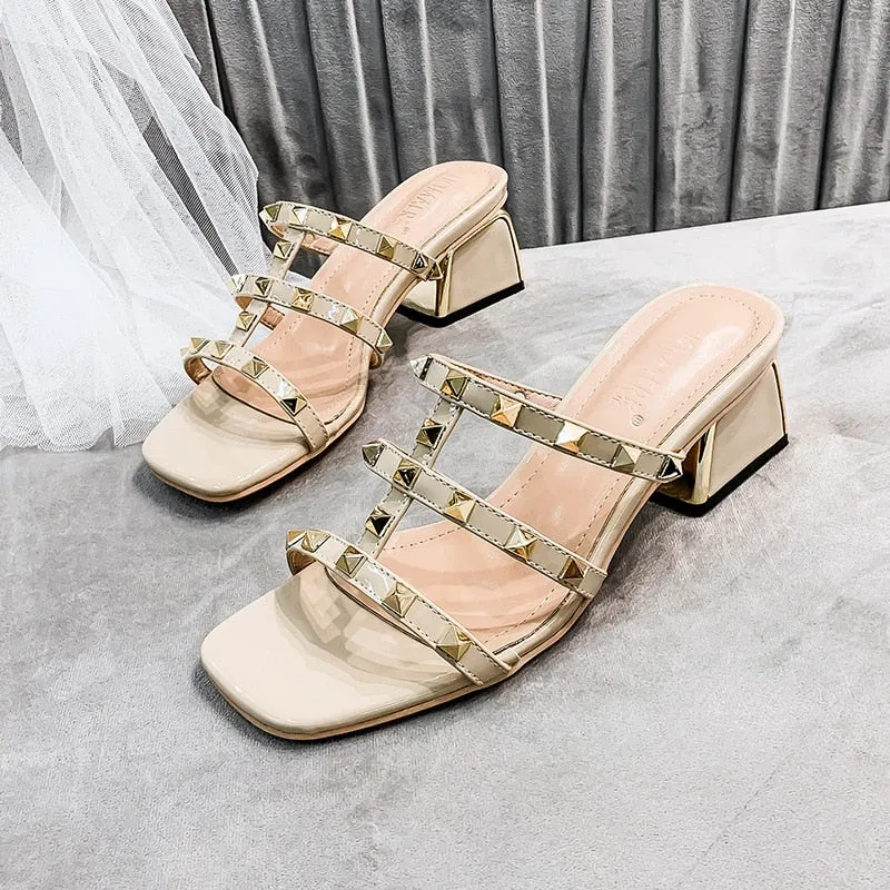 Amozae- Women's Shoes 2024 Summer Sandals Female Fairy Style Metallic Middle Heel Fashion Single Shoes With Square Heel And Rivets