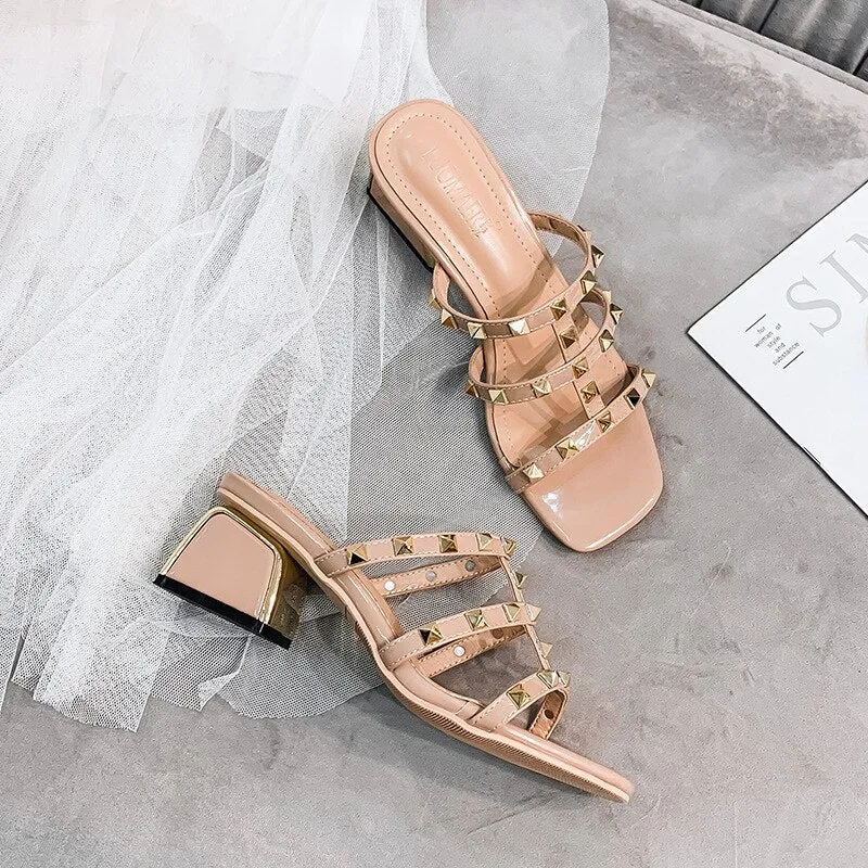 Amozae- Women's Shoes 2024 Summer Sandals Female Fairy Style Metallic Middle Heel Fashion Single Shoes With Square Heel And Rivets