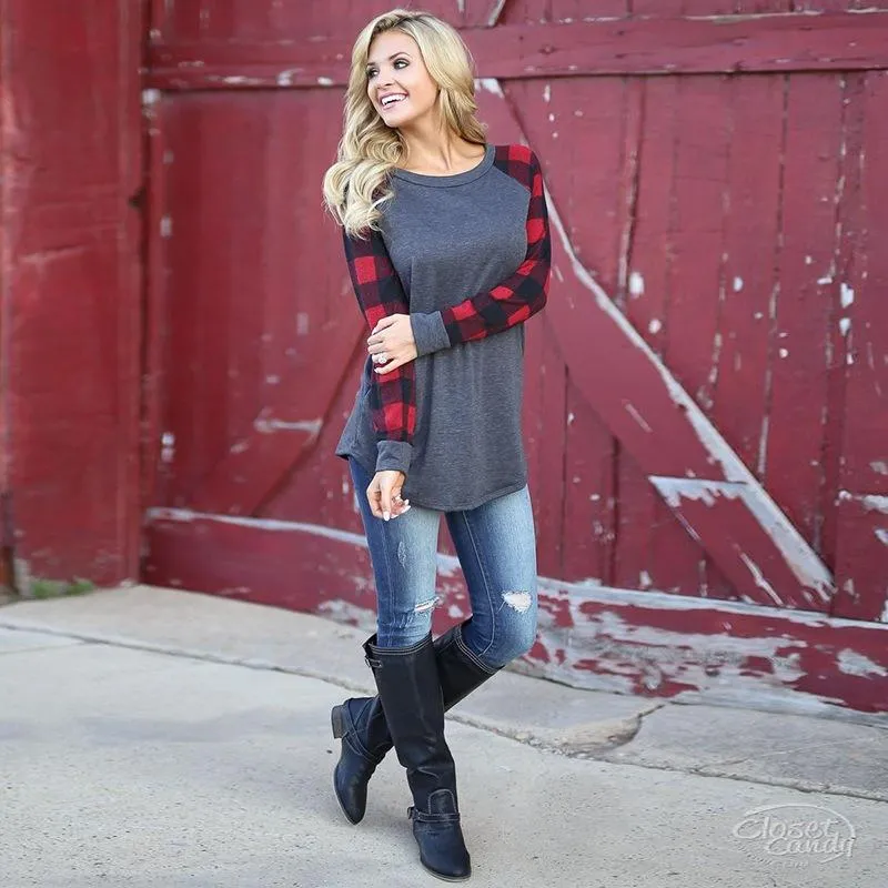 Blue Plaid Long Sleeve Pullover Crew Neck Top