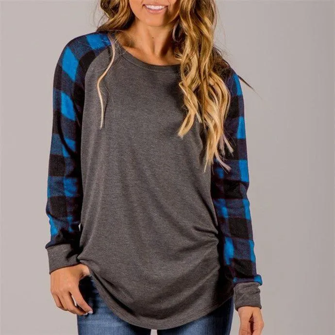 Blue Plaid Long Sleeve Pullover Crew Neck Top