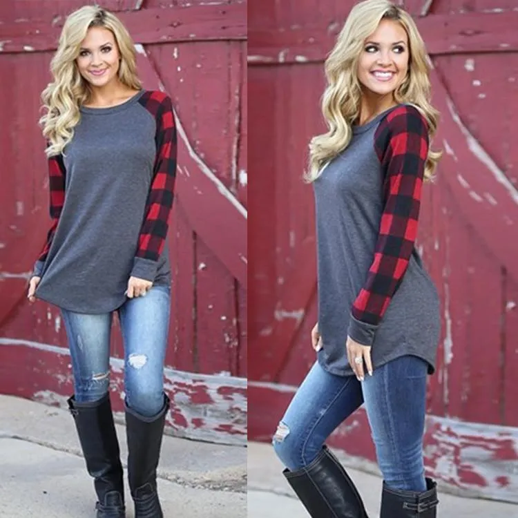 Blue Plaid Long Sleeve Pullover Crew Neck Top