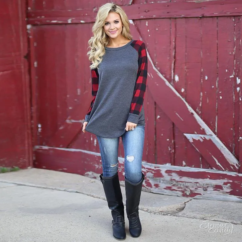 Blue Plaid Long Sleeve Pullover Crew Neck Top