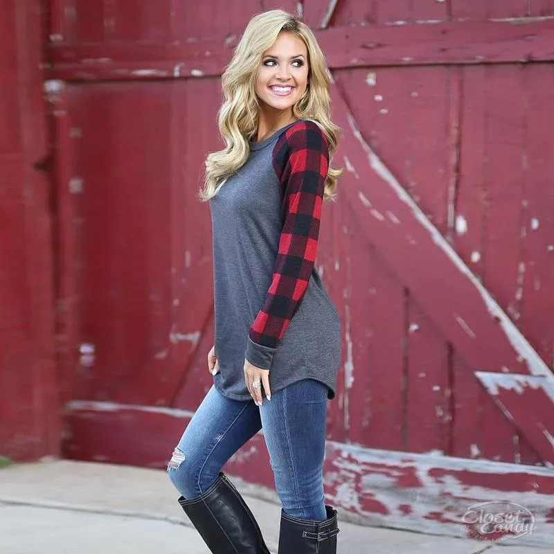 Blue Plaid Long Sleeve Pullover Crew Neck Top