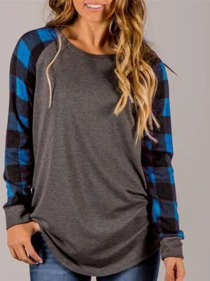 Blue Plaid Long Sleeve Pullover Crew Neck Top