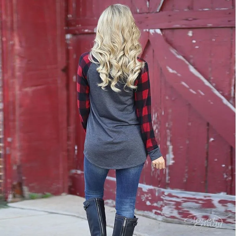 Blue Plaid Long Sleeve Pullover Crew Neck Top