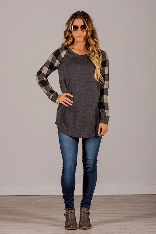 Blue Plaid Long Sleeve Pullover Crew Neck Top