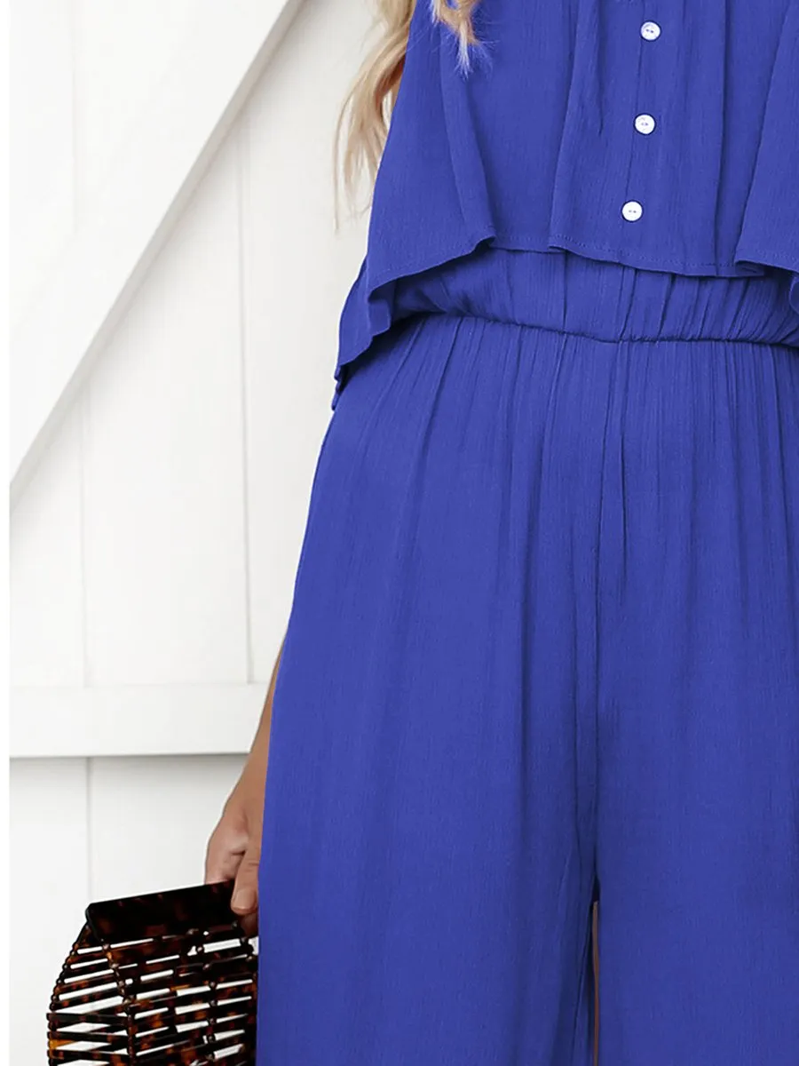 Blue Sleeveless Off Shoulder Backless Jumpsuit