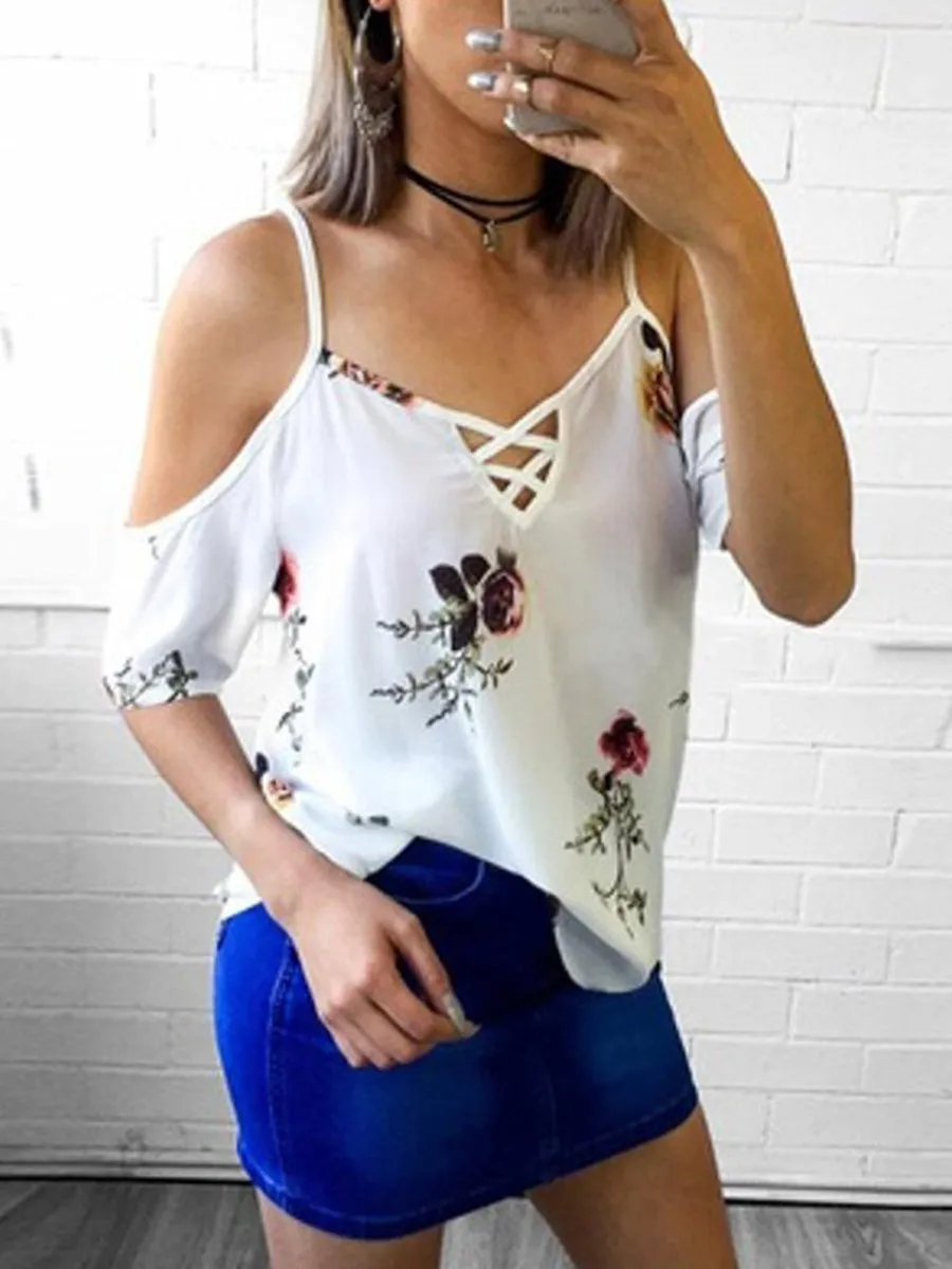Cold Shoulder Straps Short Sleeves Floral T-shirt Top