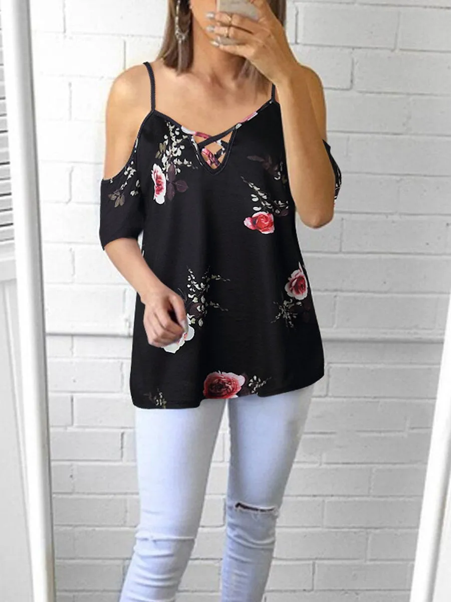 Cold Shoulder Straps Short Sleeves Floral T-shirt Top