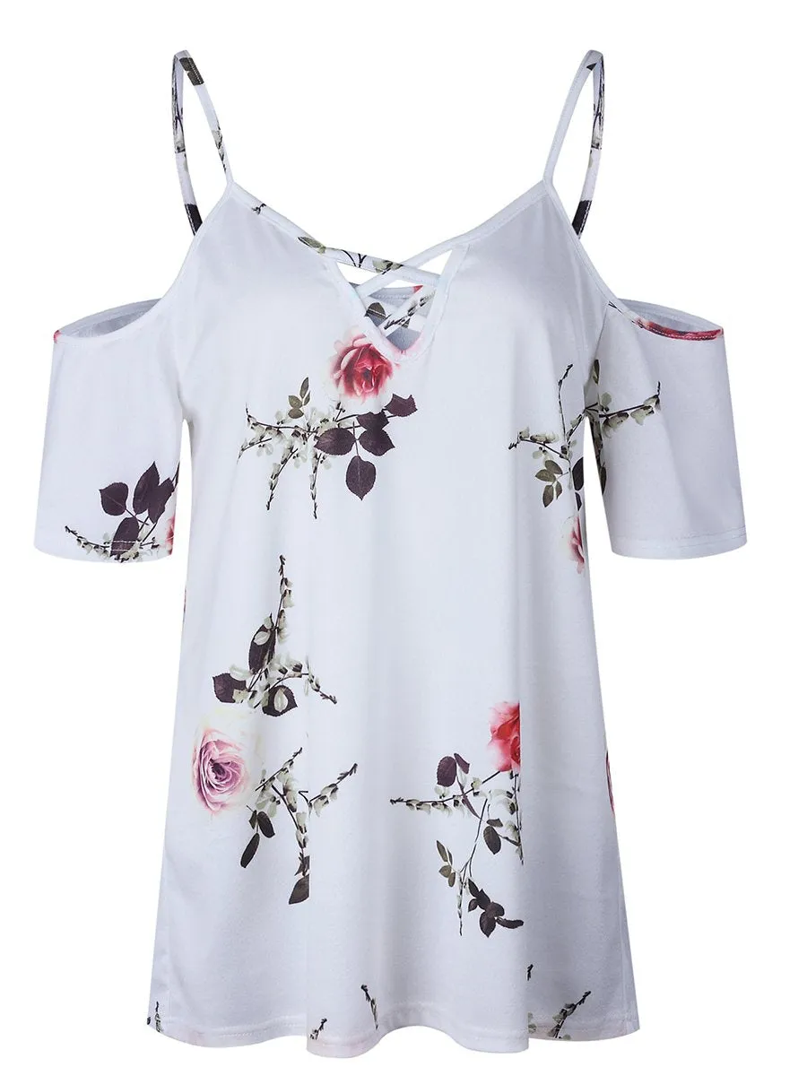 Cold Shoulder Straps Short Sleeves Floral T-shirt Top