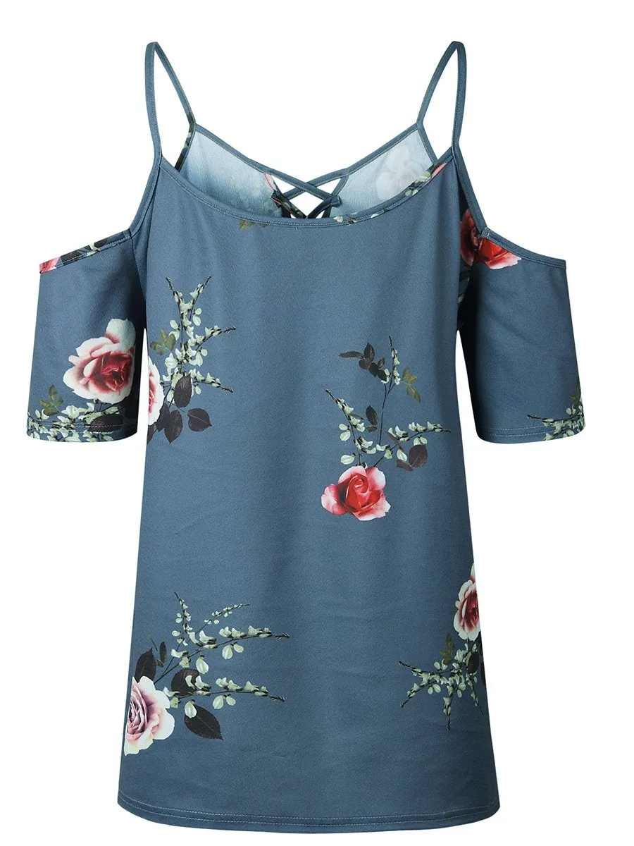 Cold Shoulder Straps Short Sleeves Floral T-shirt Top