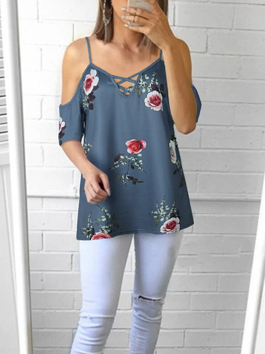 Cold Shoulder Straps Short Sleeves Floral T-shirt Top