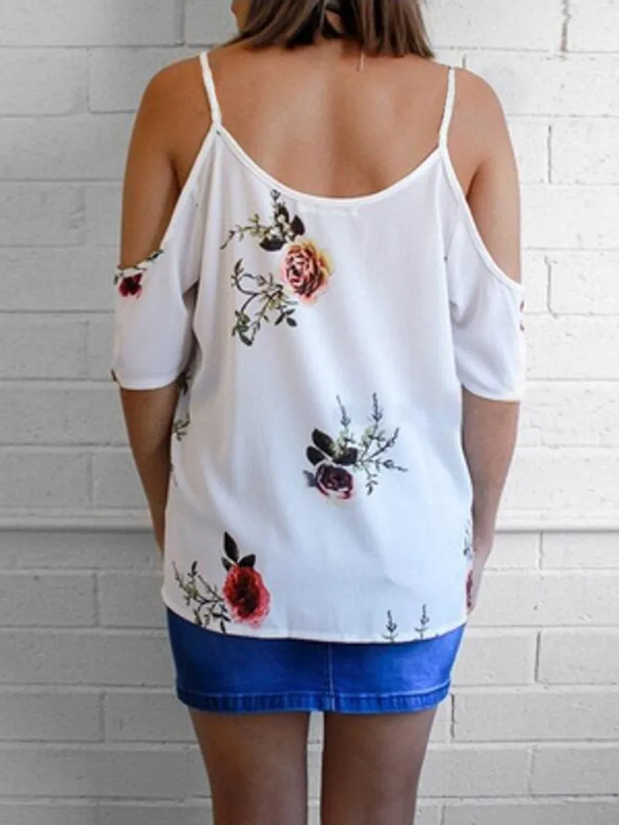 Cold Shoulder Straps Short Sleeves Floral T-shirt Top