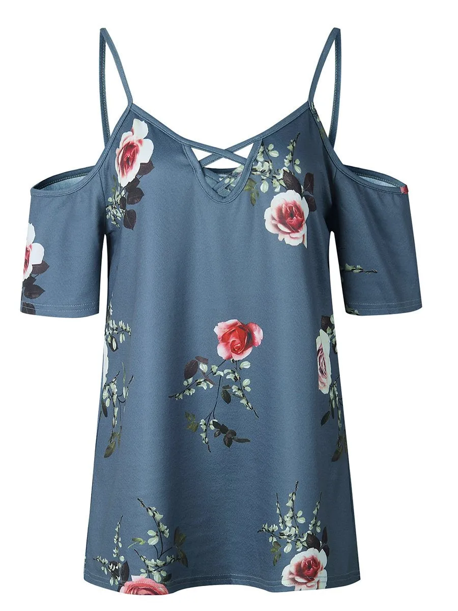 Cold Shoulder Straps Short Sleeves Floral T-shirt Top