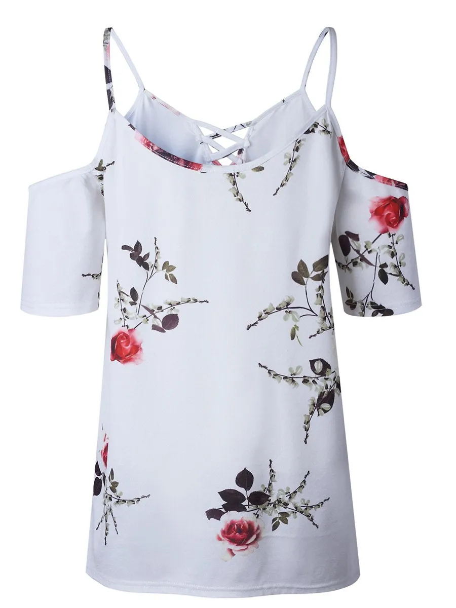 Cold Shoulder Straps Short Sleeves Floral T-shirt Top