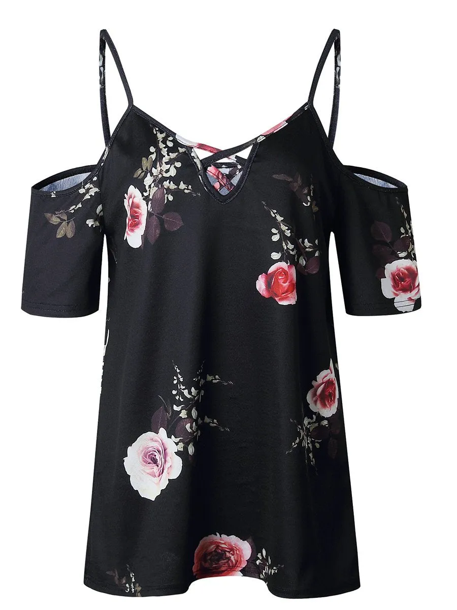 Cold Shoulder Straps Short Sleeves Floral T-shirt Top