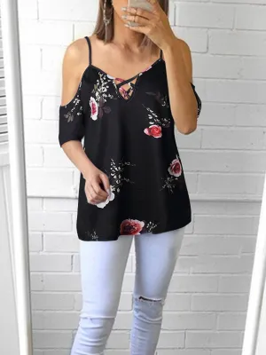 Cold Shoulder Straps Short Sleeves Floral T-shirt Top