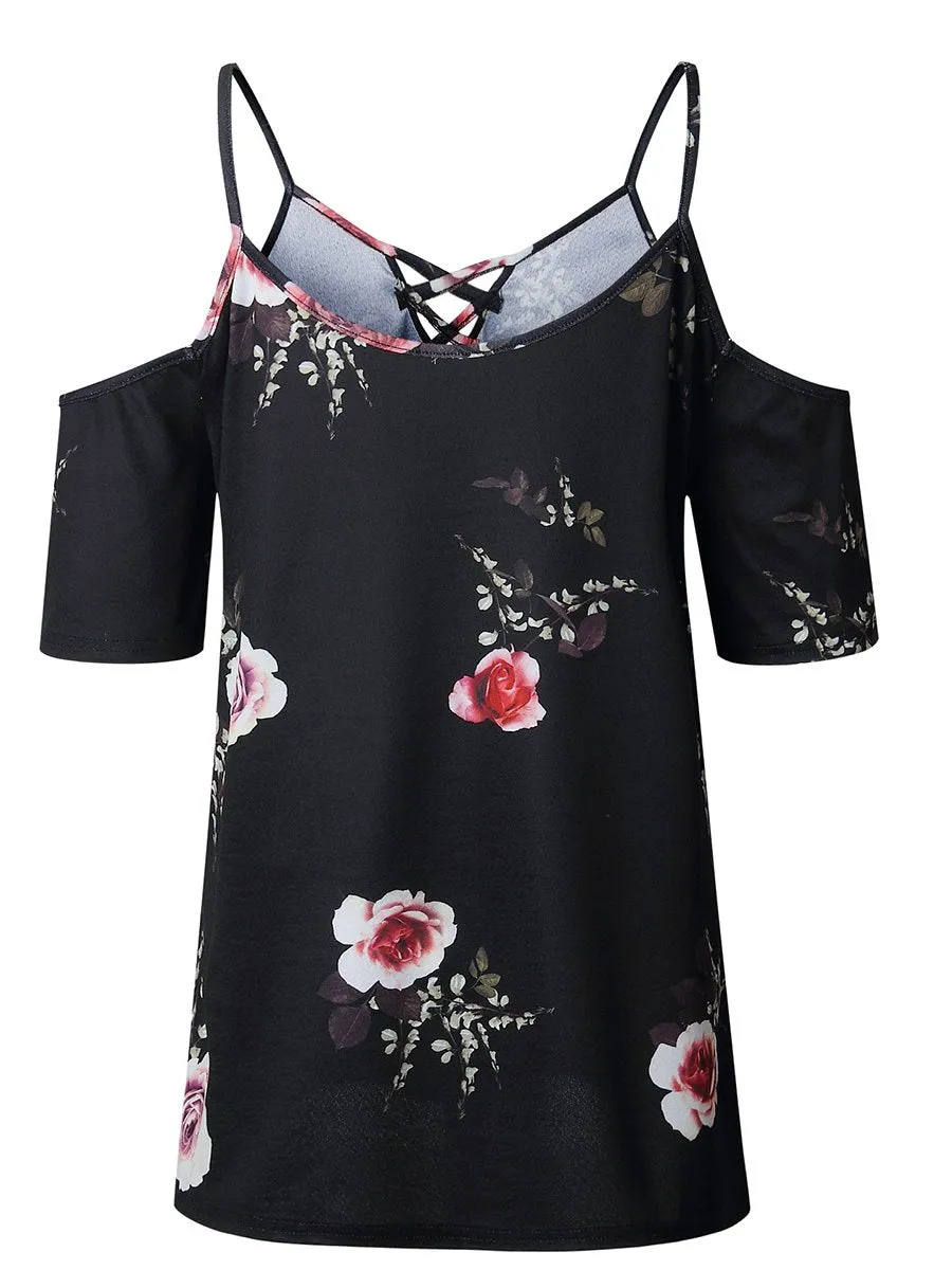 Cold Shoulder Straps Short Sleeves Floral T-shirt Top