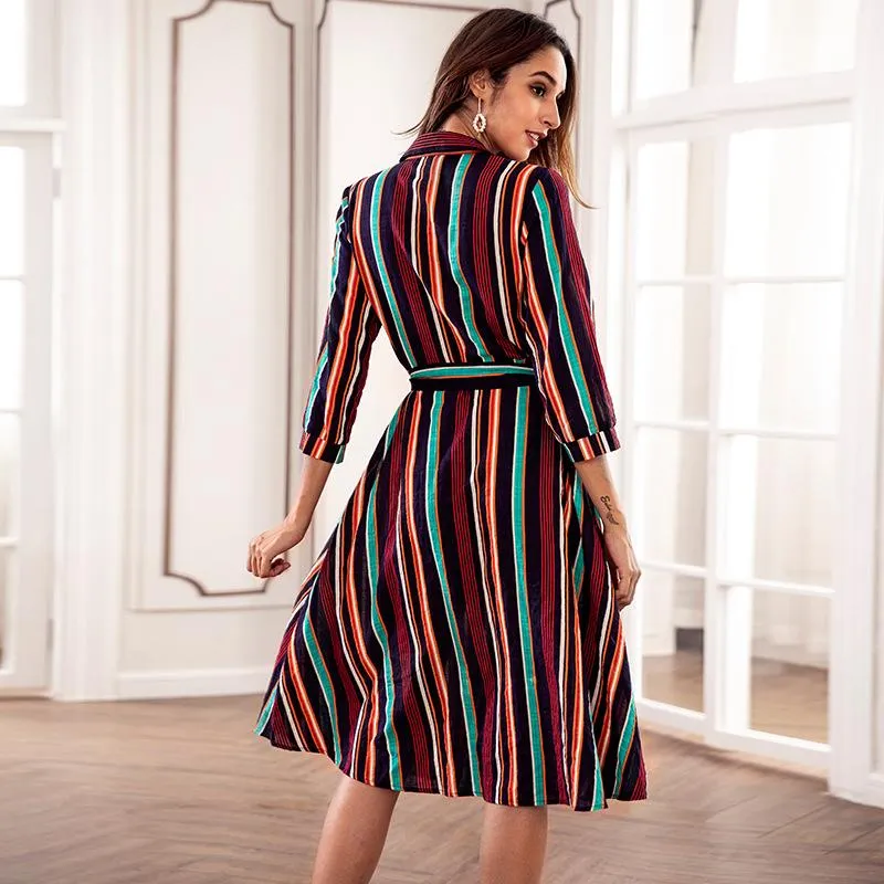 Colorful Striped Print Crew Neck Dress
