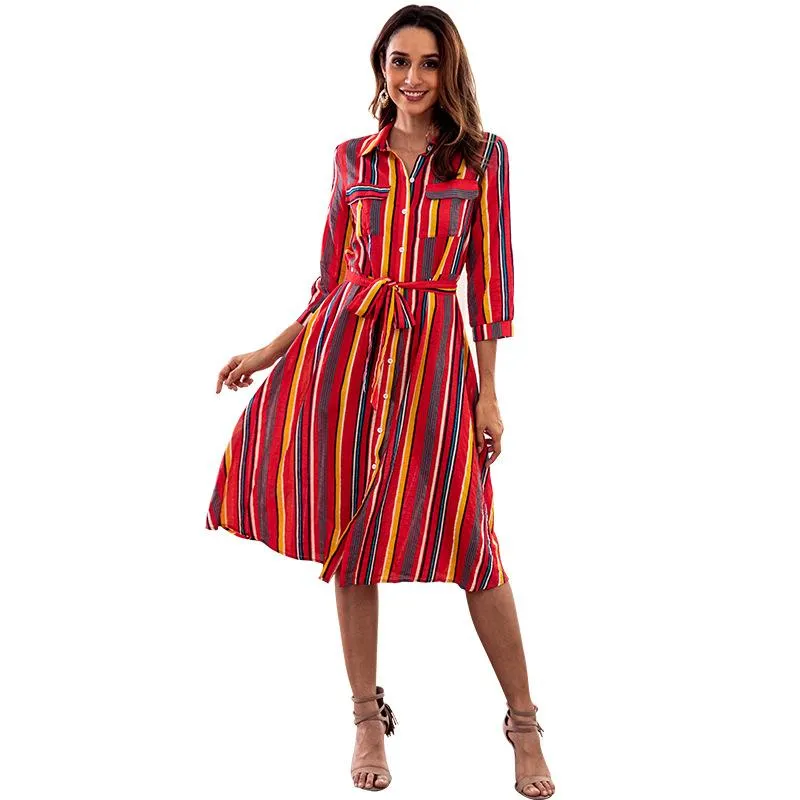 Colorful Striped Print Crew Neck Dress