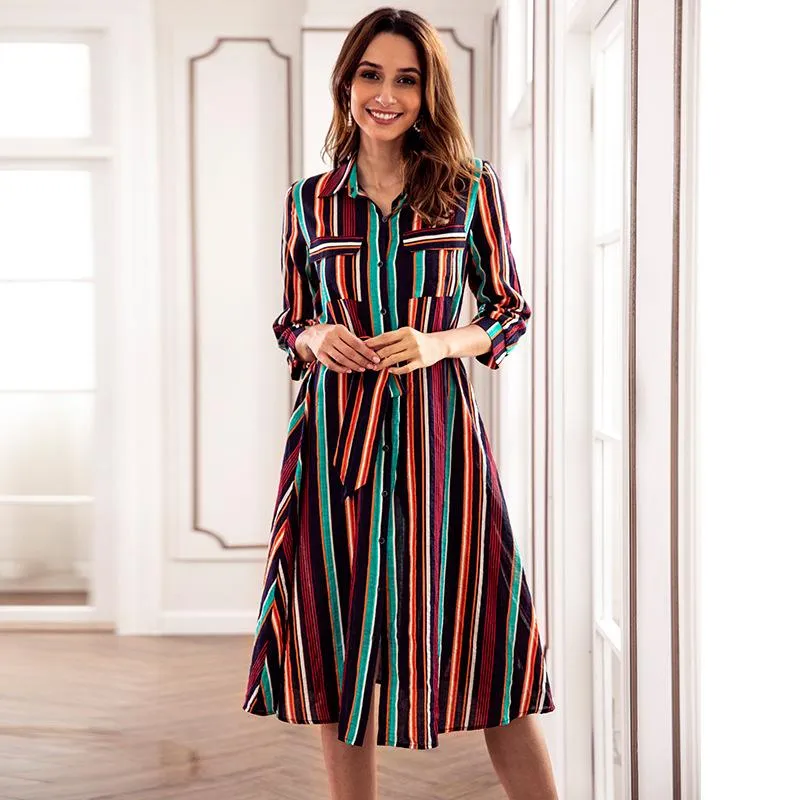 Colorful Striped Print Crew Neck Dress