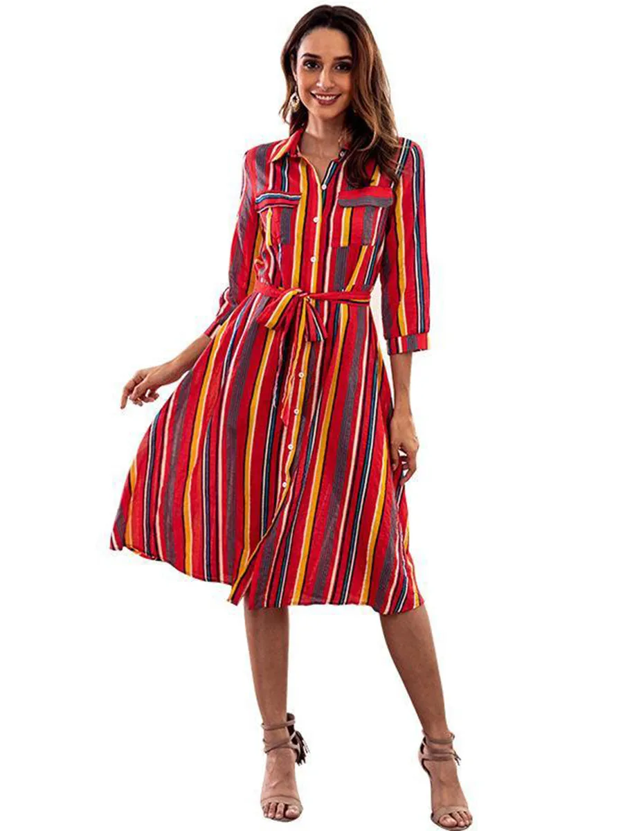 Colorful Striped Print Crew Neck Dress