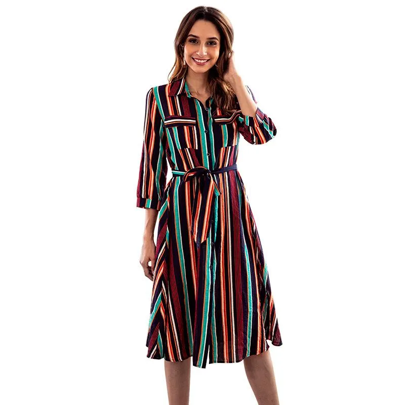 Colorful Striped Print Crew Neck Dress