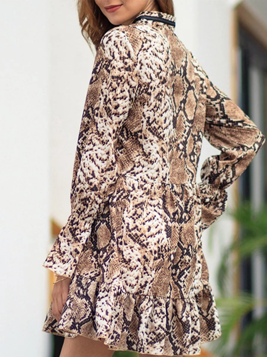 Deep V-neck Leopard Printed Long Sleeves Mini Dress