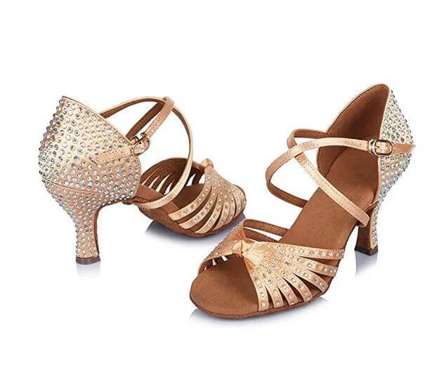 Flesh Satin Rhinestone Ballroom Latin Salsa Performance Dance Heels