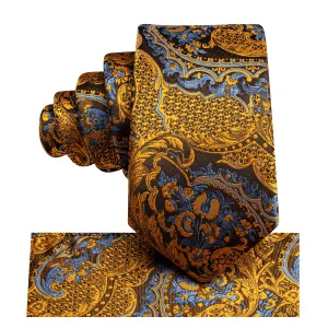 Golden Blue Paisley Children's Kids Boys Tie Pocket Square 6cm