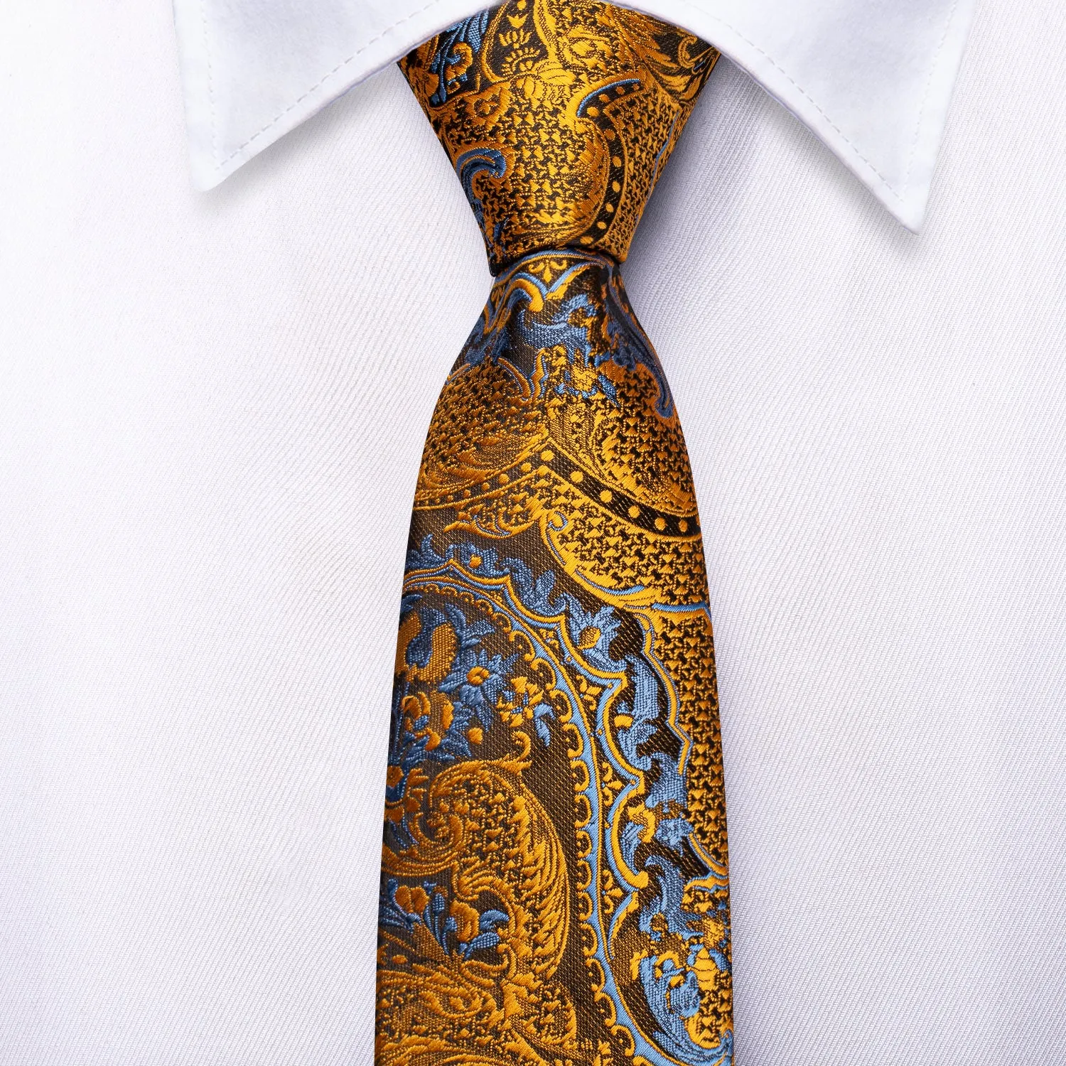 Golden Blue Paisley Children's Kids Boys Tie Pocket Square 6cm