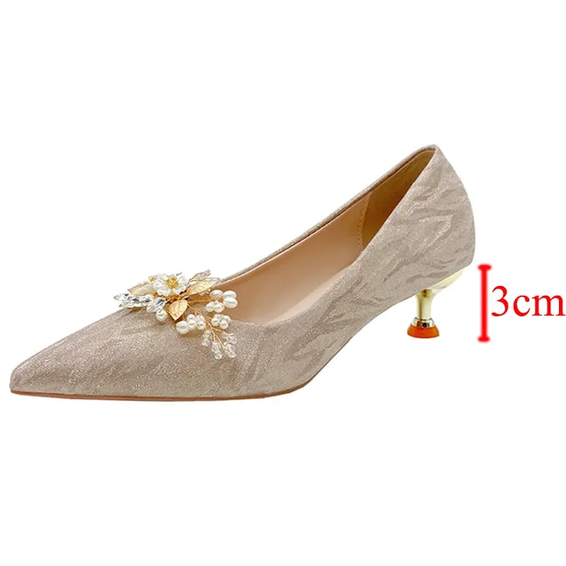 Hnzxzm Rimocy Shiny Buckle Thin Heels Pumps Women Fashion Pearl Flowers Wedding Party Shoes Woman Pointed Toe Slip-On High Heeled Shoes