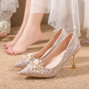Hnzxzm Rimocy Shiny Buckle Thin Heels Pumps Women Fashion Pearl Flowers Wedding Party Shoes Woman Pointed Toe Slip-On High Heeled Shoes