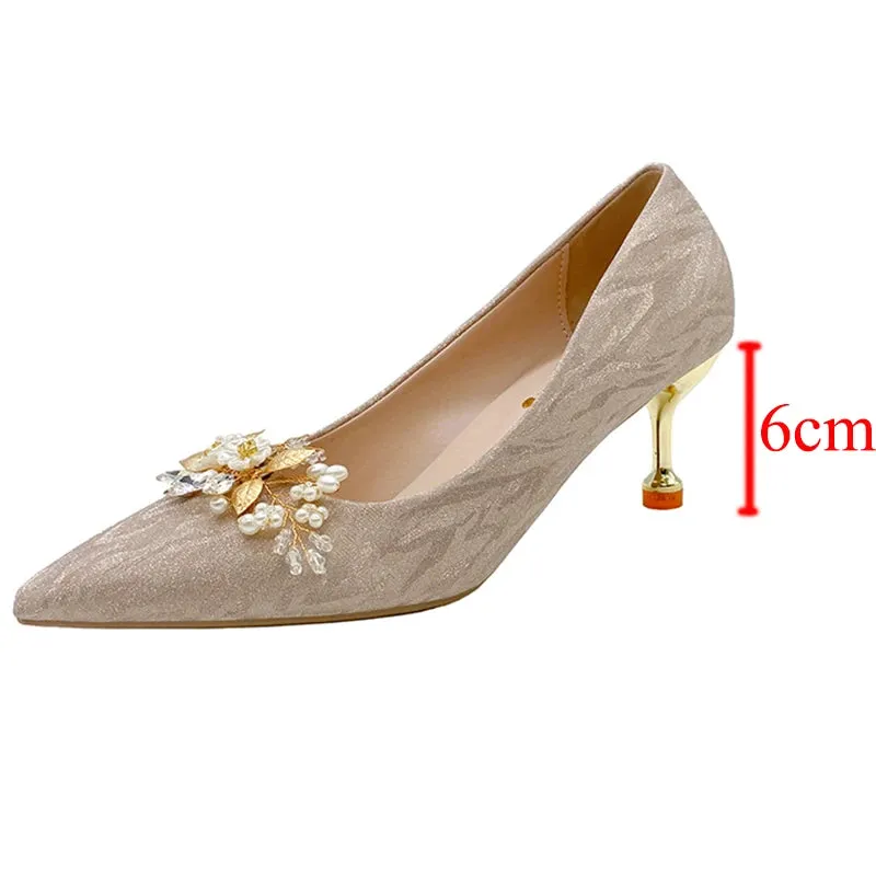 Hnzxzm Rimocy Shiny Buckle Thin Heels Pumps Women Fashion Pearl Flowers Wedding Party Shoes Woman Pointed Toe Slip-On High Heeled Shoes