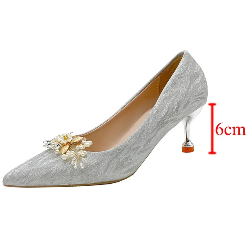 Hnzxzm Rimocy Shiny Buckle Thin Heels Pumps Women Fashion Pearl Flowers Wedding Party Shoes Woman Pointed Toe Slip-On High Heeled Shoes