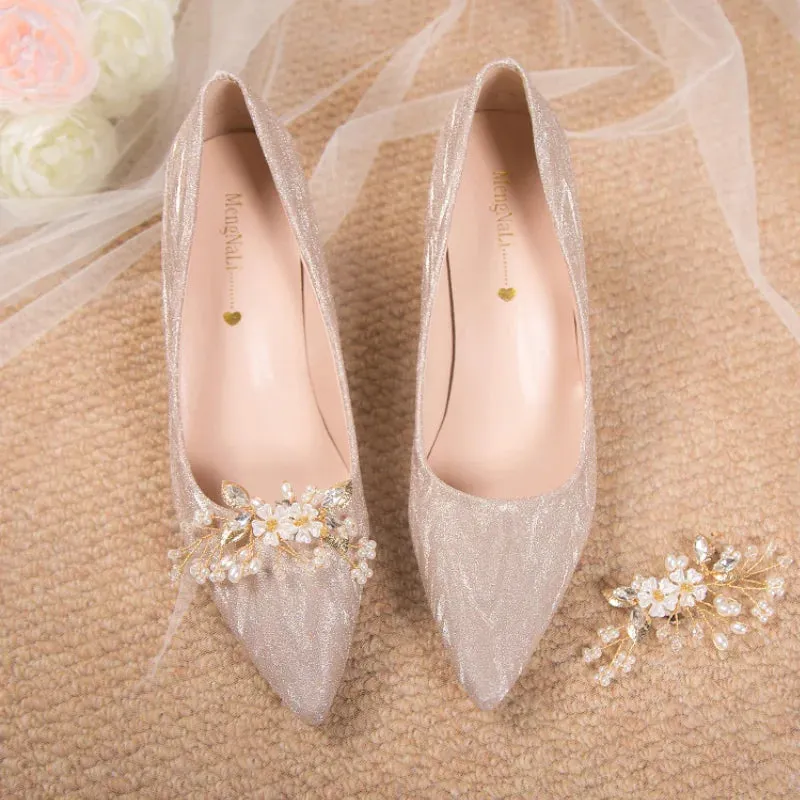 Hnzxzm Rimocy Shiny Buckle Thin Heels Pumps Women Fashion Pearl Flowers Wedding Party Shoes Woman Pointed Toe Slip-On High Heeled Shoes