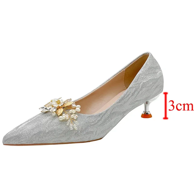 Hnzxzm Rimocy Shiny Buckle Thin Heels Pumps Women Fashion Pearl Flowers Wedding Party Shoes Woman Pointed Toe Slip-On High Heeled Shoes