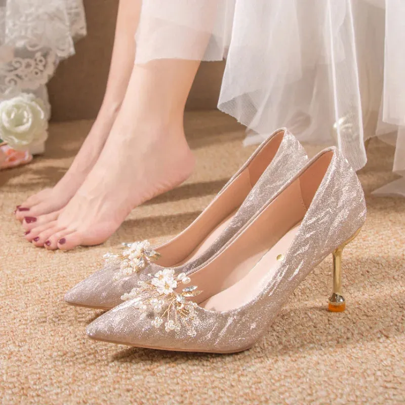 Hnzxzm Rimocy Shiny Buckle Thin Heels Pumps Women Fashion Pearl Flowers Wedding Party Shoes Woman Pointed Toe Slip-On High Heeled Shoes