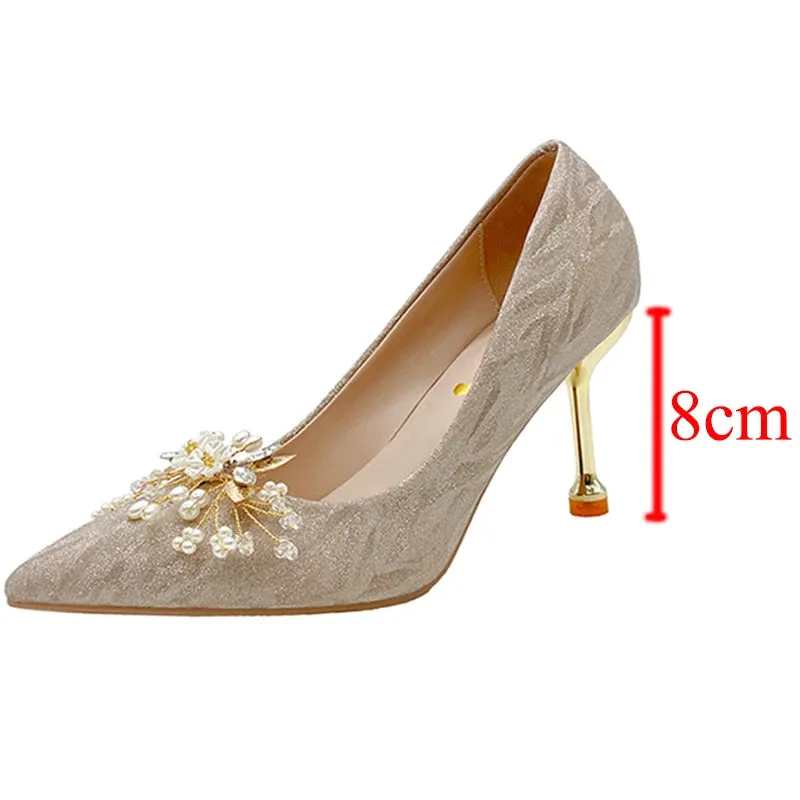 Hnzxzm Rimocy Shiny Buckle Thin Heels Pumps Women Fashion Pearl Flowers Wedding Party Shoes Woman Pointed Toe Slip-On High Heeled Shoes