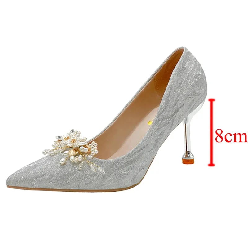 Hnzxzm Rimocy Shiny Buckle Thin Heels Pumps Women Fashion Pearl Flowers Wedding Party Shoes Woman Pointed Toe Slip-On High Heeled Shoes