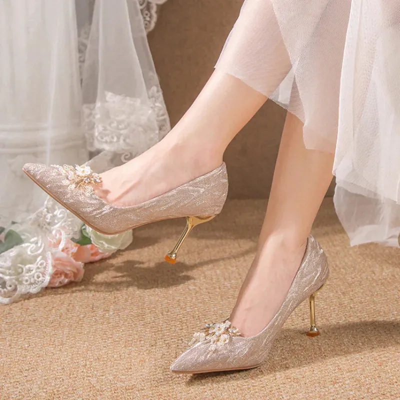 Hnzxzm Rimocy Shiny Buckle Thin Heels Pumps Women Fashion Pearl Flowers Wedding Party Shoes Woman Pointed Toe Slip-On High Heeled Shoes