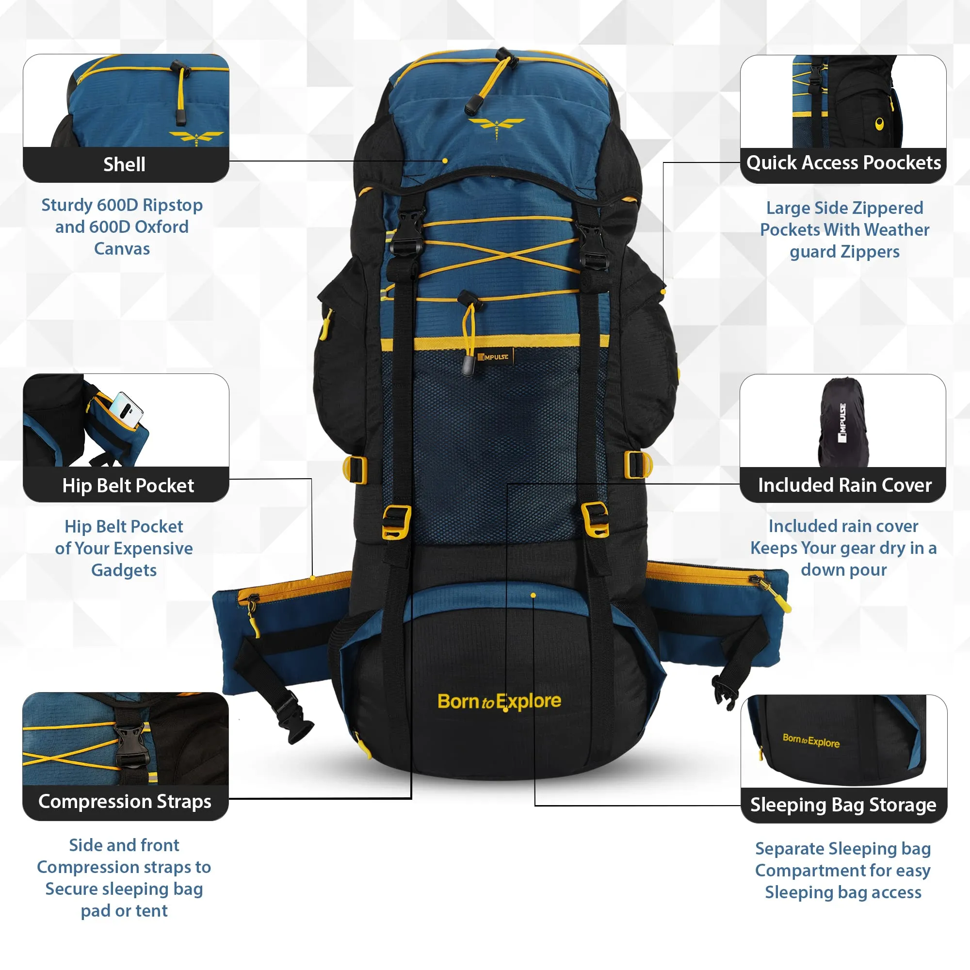 Impulse rucksack bags 75 litres travel bag for men tourist bag for travel backpack for hiking trekking Bag for men camping thames blue bag with 1 Year Warranty Large