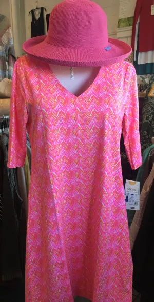 LuluB Elbow Sleeve V-Neck Travel Dress with UPF 50  and Coolant in Fabric
