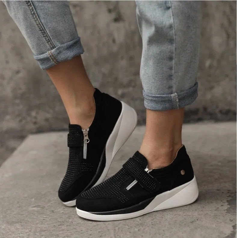 Owlkay Women's  Round-toe Rhinestone Velcro Casual Shoes